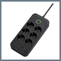 6 aljzatos hosszabbító, 3 USB + 1 Type-C porttal, 1.2m kábel, fekete F018U-BLACK