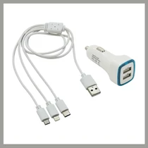 Dupla USB Autós Töltő + 3 az 1-ben Töltőkábel – Micro USB, USB-C, iPhone Kompatibilitás 07683