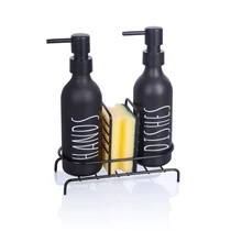 Prémium Grafitszürke Üveg Mosogatószer és Szappanadagoló Szett Fém Állvánnyal és Szivaccsal (2 x 300 ml) 1008027