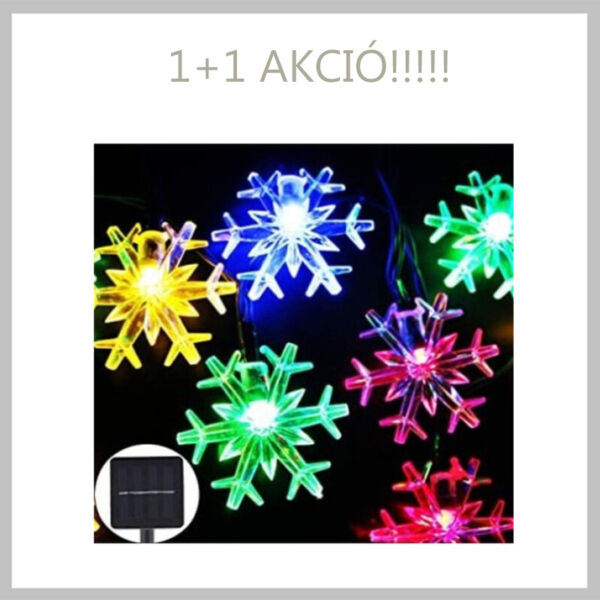 Napelemes karácsonyi fényfüzér hópehely alakú szines LED izzókkal  1+1 AKCIÓ!